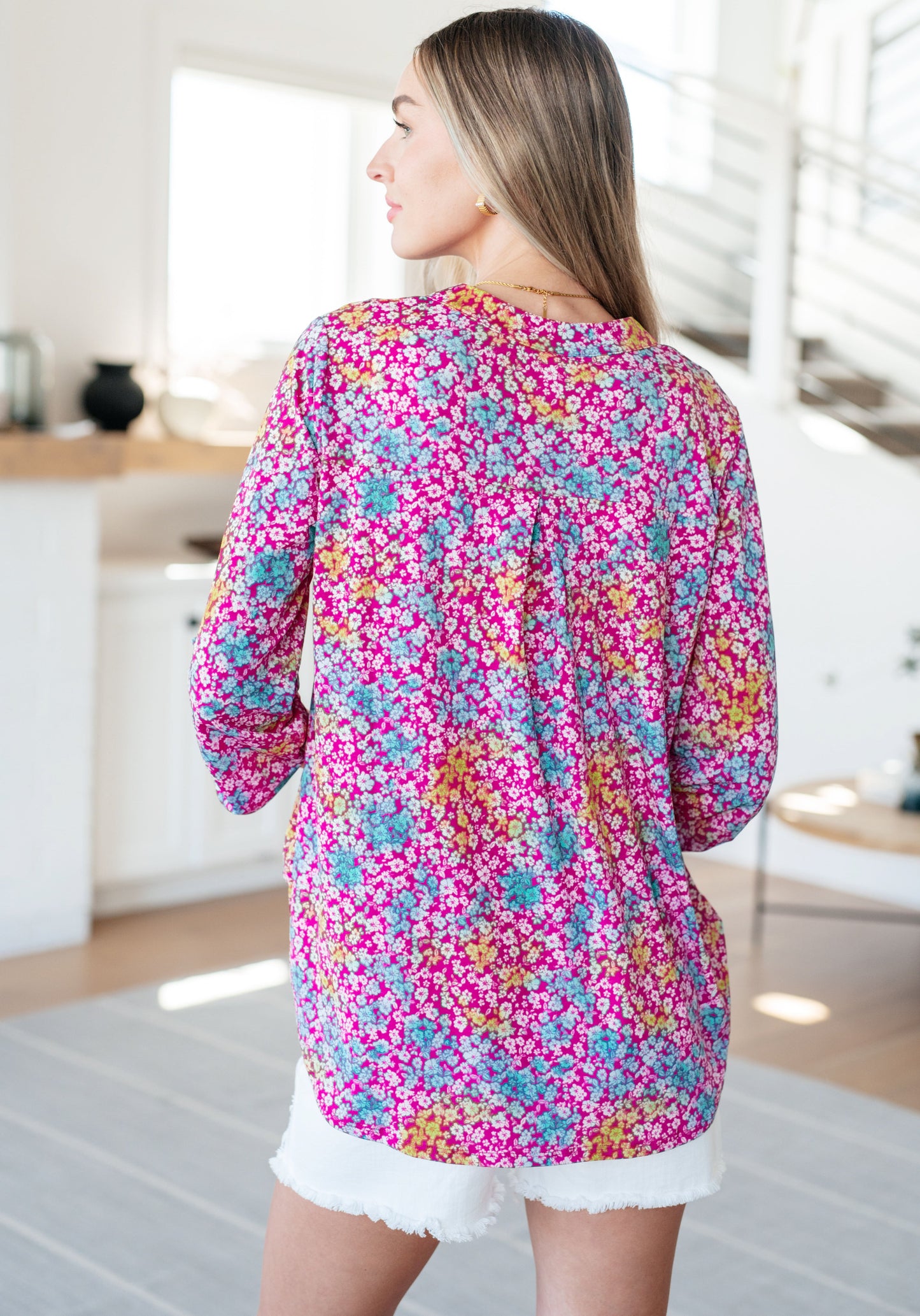 Lizzy Top in Pink and Aqua Ditsy Floral