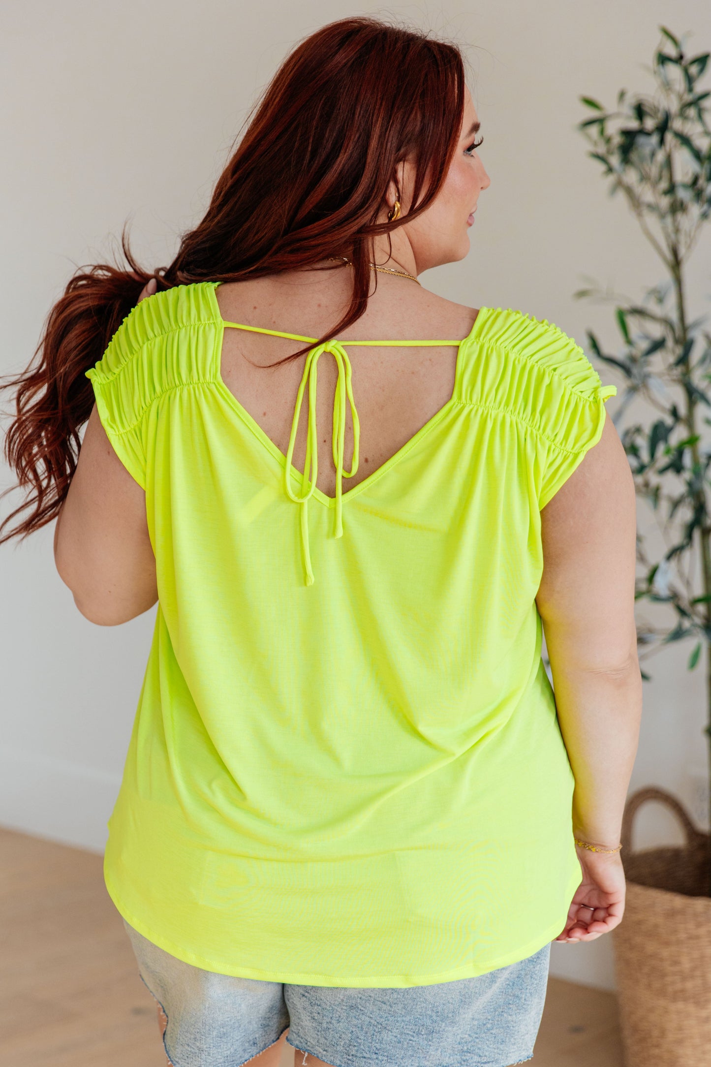 Ruched Cap Sleeve Top in Neon Green